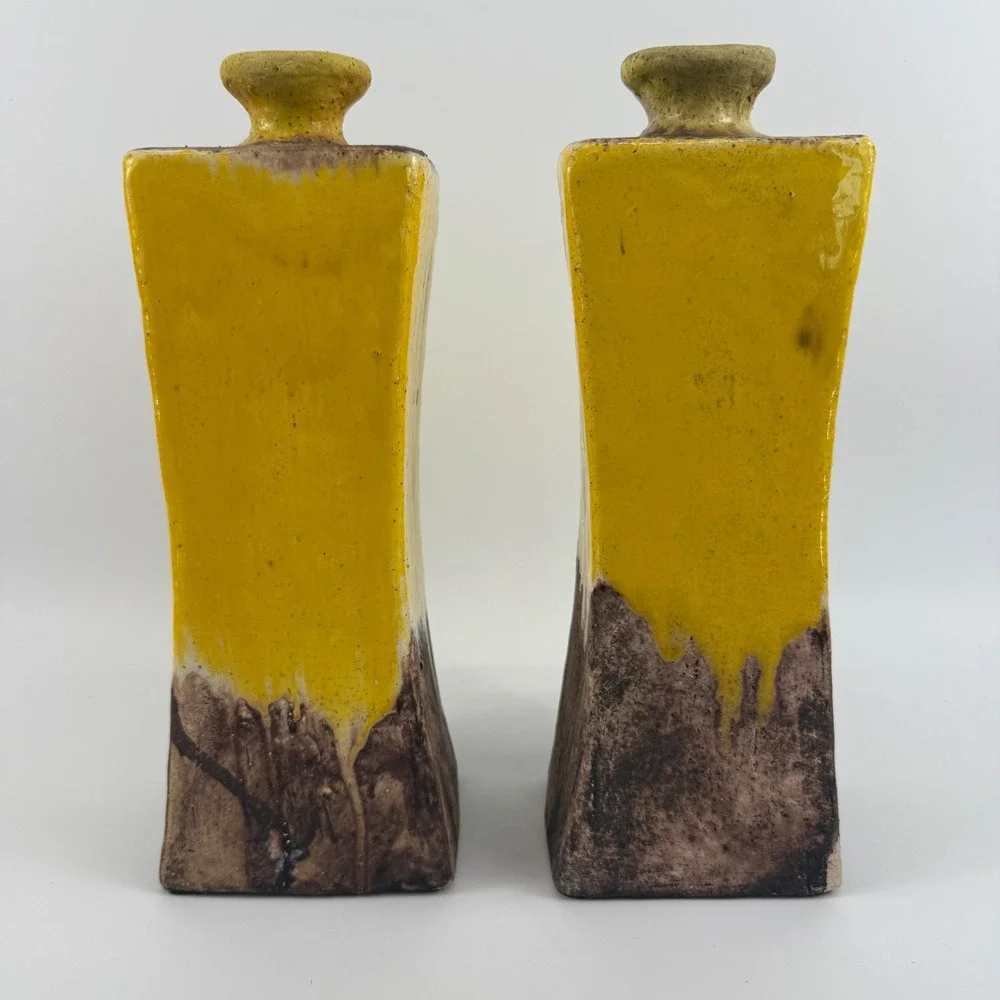 Vintage Studio Pottery Square Bottles Pair Mustard Yellow Drip Glaze Modern